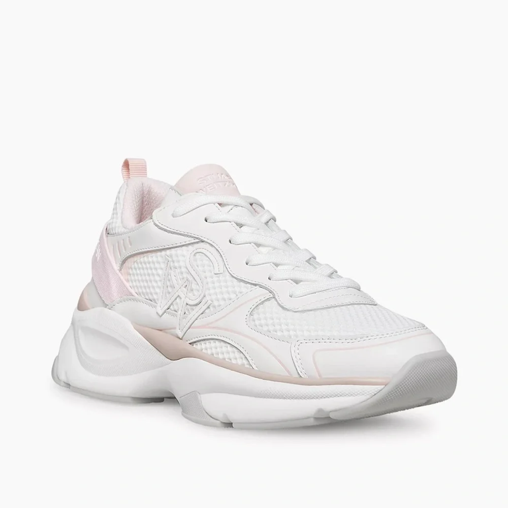 Stuart Weitzman White and Pink Athletic Shoes, Mesh & Leather Trainer Sneakers